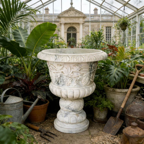 Artisanal Marble Flowerpot with Grapevine Relief