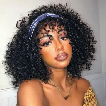 Human Hair Short Headband Bob Cut Wig With bangs,  Short Pixie Curls  Human Hair Bob Wig For Black Women