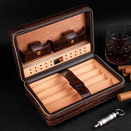 Portable Wood Cigar Humidor Box - Travel Leather Cigar Case for 4 Cigars