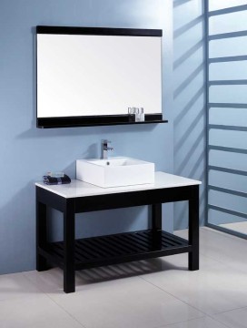 black bathroom vanity with white top