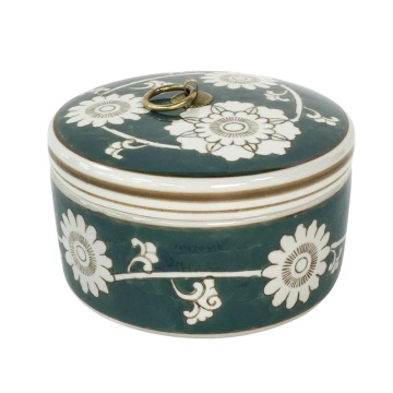RZKA241470 Light Blue Ice Plum Pattern Round Jewelry Container Box with Copper Ring Decor