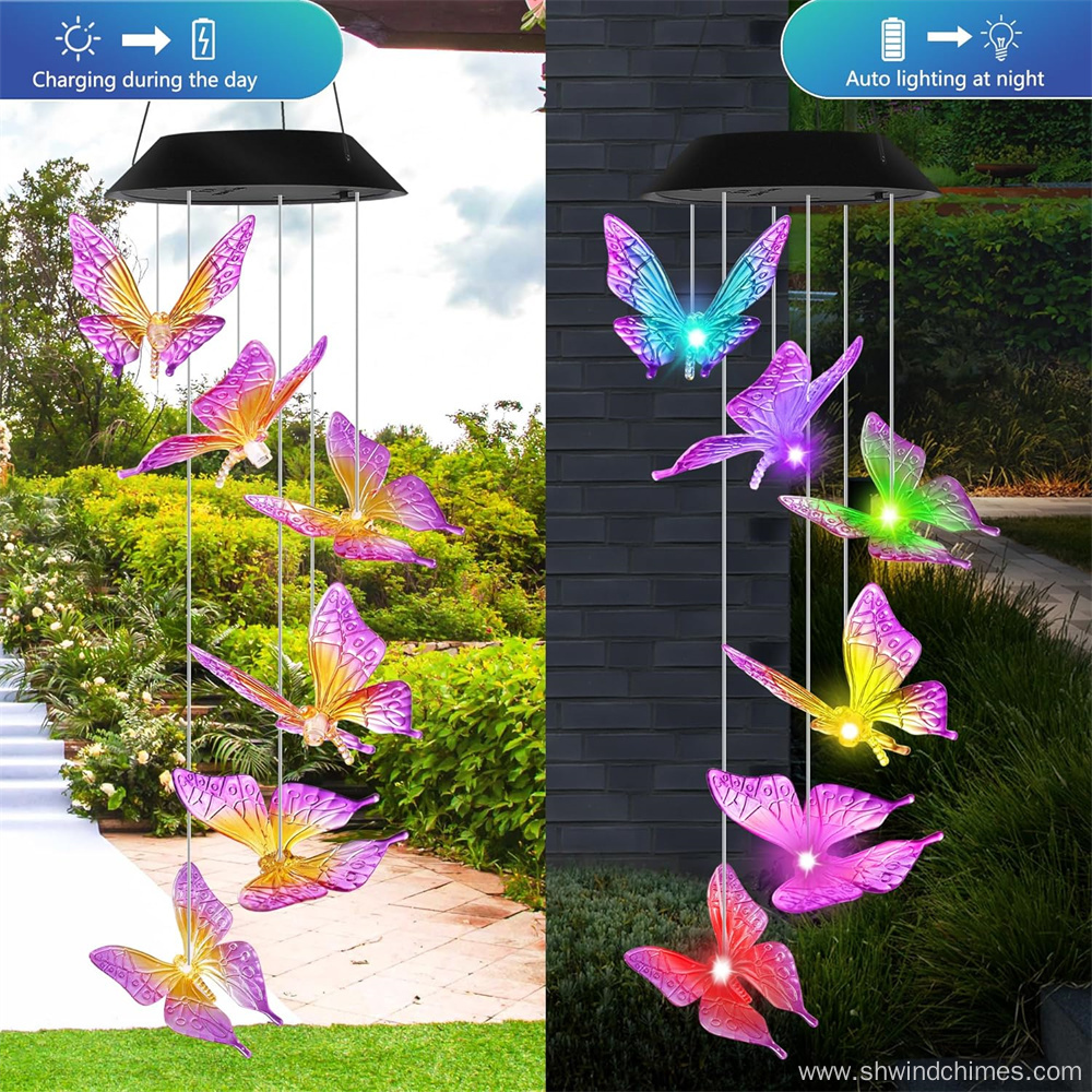 Purple Butterfly Solar Wind Chimes for Outdoor Use with Color Changing Feature