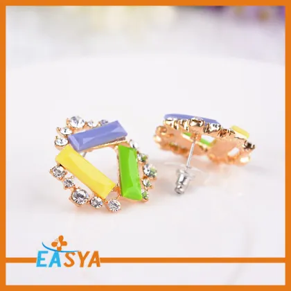 New Rainbow Color Crystal Gold Stud Earrings