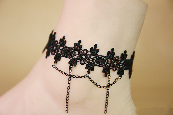 Black Lace Anklet With Chains