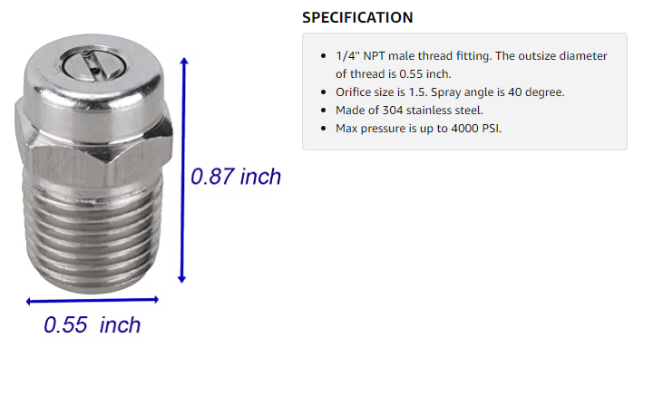 Laveuse ultime 1/4 "mâle NPT 304 Type de vis Nettoyer de surface, 25 degrés 2,0 pointe de pulvérisation à l'orifice