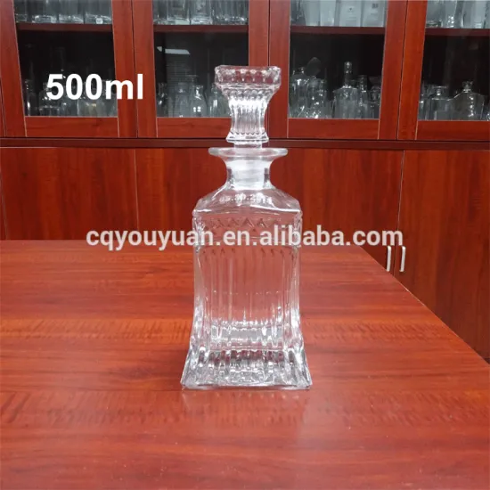 Embossed design square shape wholesale whiskey decanter 500ml