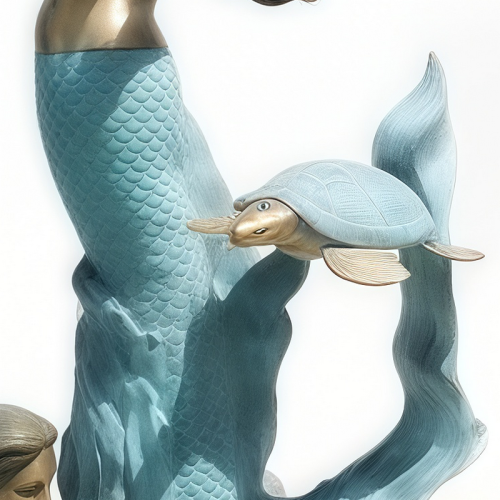 Bronze Mermaid Duo and Dolphin Guardian Sculpture