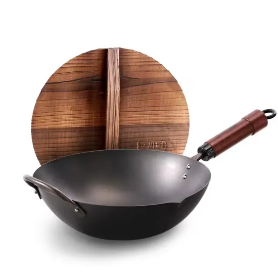 Heavy-Duty Chinese Carbon Steel Wok Set with Wooden Handle and Lid