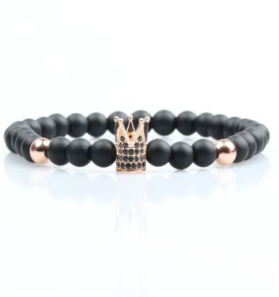 fashion jewelry 2017 8mm natural black agate lucky stone bead bracelet CZ crown bracelet
