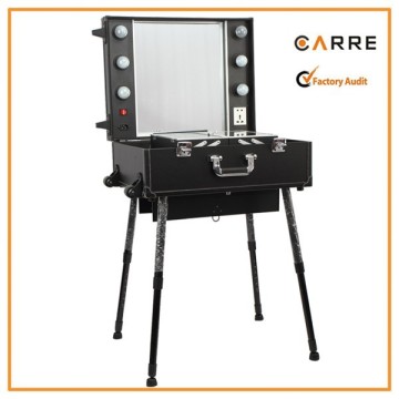 rolling LED lights aluminum makeup case with legs