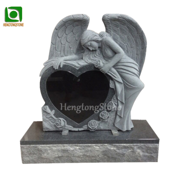 Black Granite Heart Design Tombstone with Angel Statue for Cemeteries