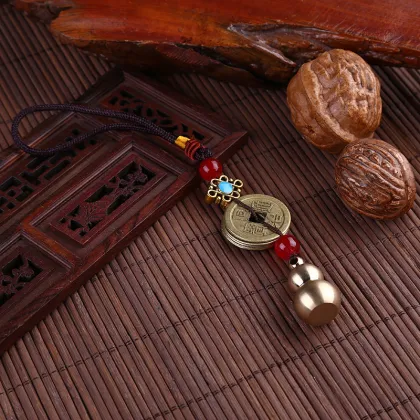 Handmade Vintage Brass Pixiu Keyring Pendants with Feng Shui Coins