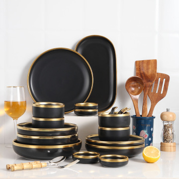 Modern Matte Black Gold Rim Dinnerware: Wholesale Tableware Bowls, Spoons, and Plates