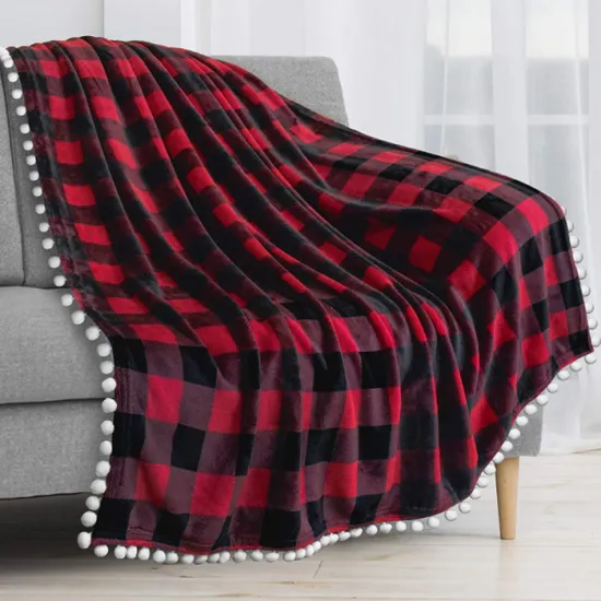 Checkered Flannel Throw Blanket With Pompom Super Soft Plush and Warm Fleece Blanket for Bed Sofa