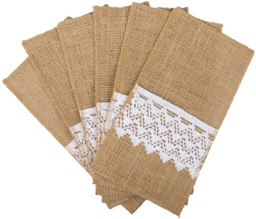Burlap Cutlery Holder with Lace Napkin Holders, Natural Jute Pouch
