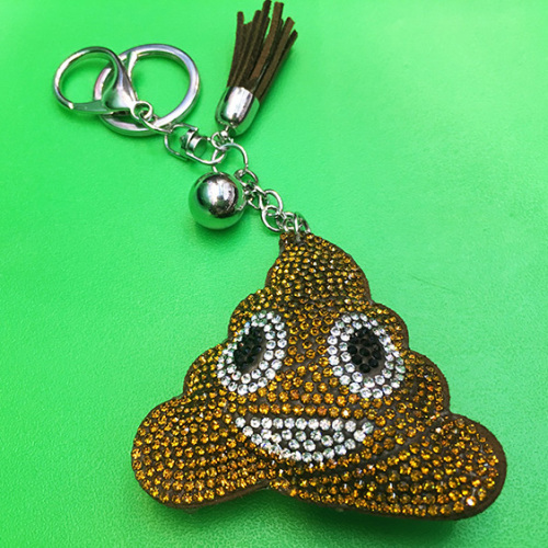 Bling Rhinestone Poop Emoji Puffy Tassel Keychain Purse Charm - 6 Pack