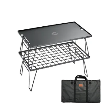 IGT Outdoor Folding Iron Mesh Table with Bamboo Board: Versatile Picnic, Barbecue, and Camping Coffee Table with Drain Rack