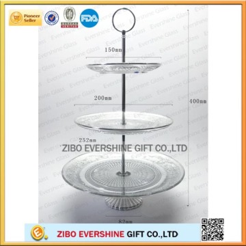 New designed three layers silver crystal glass fruit and dessert plate with stand for wedding and party decoration