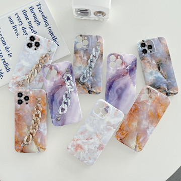 เคสโทรศัพท์หินอ่อนหรูหราพร้อมโซ่สำหรับ iPhone 14 Pro Max - สายรัดข้อมือ TPU Silicone Case สำหรับ iPhone 14