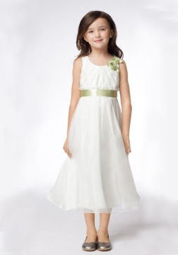A-line Round Neck Tea-length Satin Organza Ribbons Flower Girl Dresses