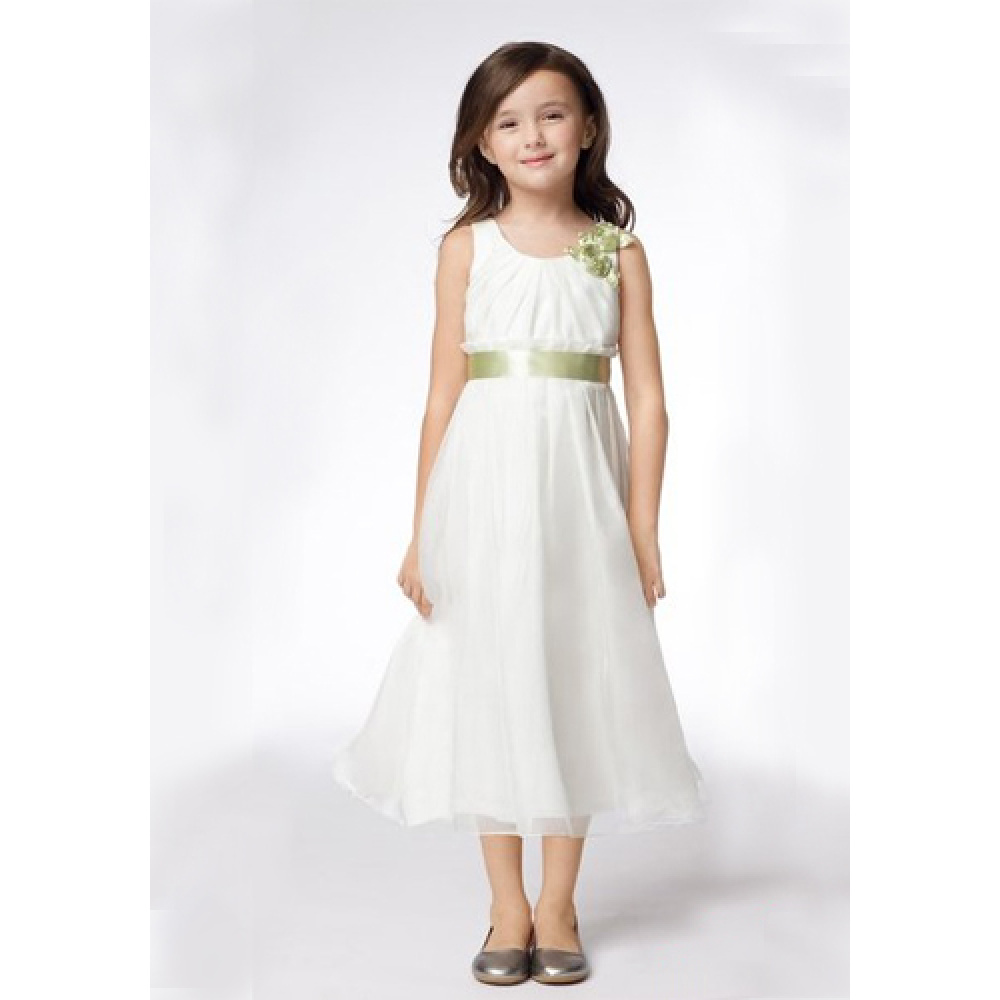A-line Round Neck Tea-length Satin Organza Ribbons Flower Girl Dresses