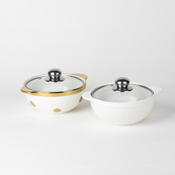 Pentola per zuppa in ceramica a miele all'ingrosso con bordo d'oro e coperchio di vetro