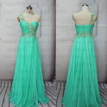 Epairs Real One Shoulder Aline Green Vestidos Formales Chiffon Front Slit Sexy Beaded Prom Dress Evening Gowns