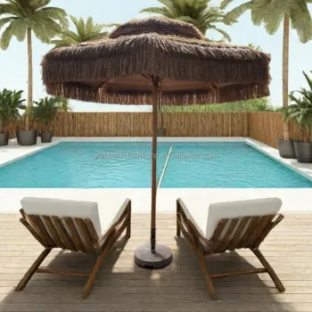 9 ft Synthetic Thatch Beach Umbrella with Fringe and 8 Ribs