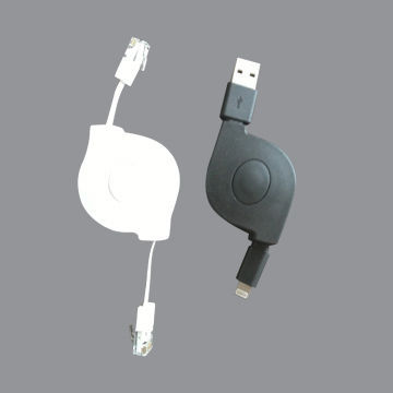 Retractable cable, USB to iPhone, unique button to push cable back patent