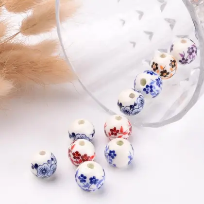 12mm Ceramic Clay Round Flower Printed Porcelain Beads - Pandahall