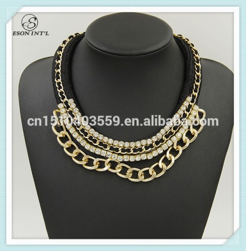 Promotional Wholesale Popular Black Rope Layered Alloy Chains Rhinestone Necklace