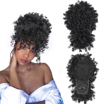 High Puff Afro Curly Wig Ponytail Drawstring Short Afro Kinky Pony Tail Clip in Bun With Bang Synthetic Hair Extensions