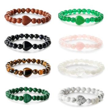 Gemstone Round Beads with Heart Charm Elastic Bracelet Natural Stone Beads Love Heart Stretch Bracelet For Men Women