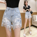 Women's high-Waist Diamond-Studded Fringed Denim Pants