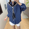 women's navy striped shirt shawl top