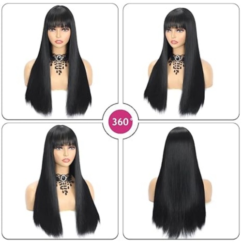 Straight Human Hair Wigs with Bangs 14 inch