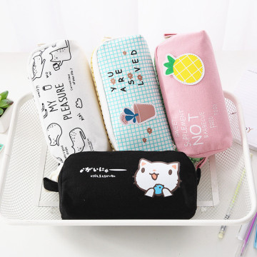 Cute Korean Canvas Girls Zipper Pencil Bag Small Fresh Lovely Cat Fruit Large Capacity Student Pu Stationery Pen Case Gift