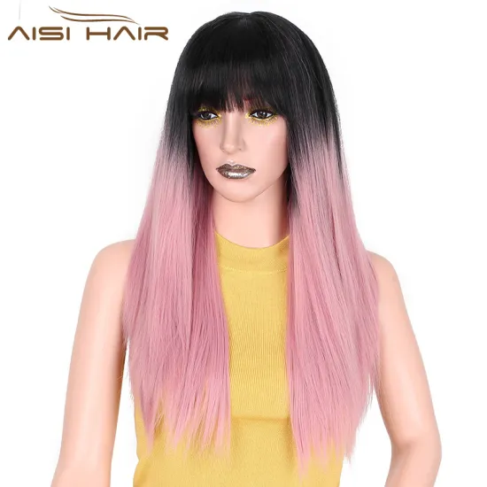 Aisi Hair Hot Selling Synthetic Ombre Pink Wig With Neat Bangs Long Straight Cosplay Wigs For Black Women Heat Resistant Fiber