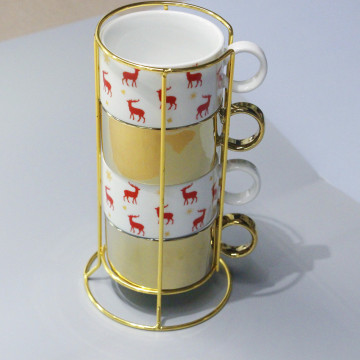 LEX Ceramic Mug Set - Customizable 4-Piece Stackable Mugs with Shelf, Perfect for Daily Use and Gifts