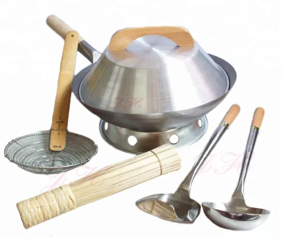 Stainless Steel Ladle and Wire Mesh Strainer Kitchen Tool Series with Bamboo Wok Brush