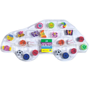 Novelty eraser set, contains various shape erasers, plastic white jeep package