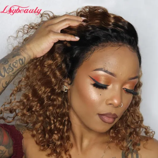 Ombre Honey Blonde Short Human Hair Wigs 1b/30  Brazilian Curly Lace Front Wigs Water Wave Bob Wigs For Black Women