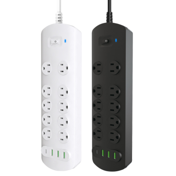 USA Standard 10 Outlet Power Strip with USB C and 3 USB Ports, 125V 25A Flat Plug Desktop Charging Station