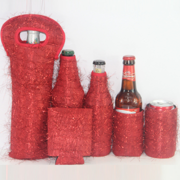 Red plush custom beer bottle holder set