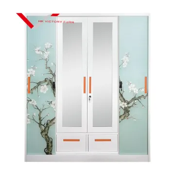Iron Almirah Wardrobe: Cheap Metal Closet with Sliding Door and Mirror for Bedroom and Living Room