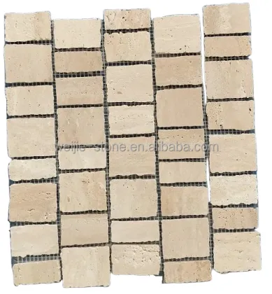 Scarpa Wide Jointed Beige Travertine Stone Mosaic Tiles for Indoor Floor