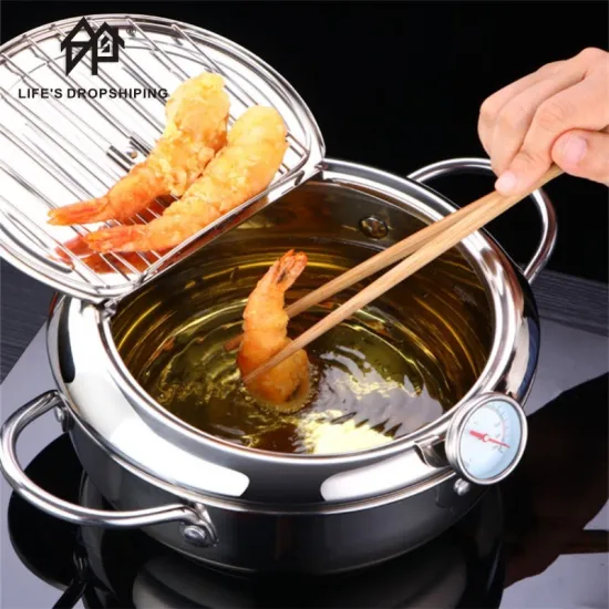 Japanese Deep Frying Pot with a Thermometer and a Lid 304 Stainless Steel Kitchen Tempura Fryer Pan 20-24 cm Cooking Tools