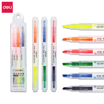 DELI S736 High Quality Twin Tip Highlighter, 3Pcs/Bag, 6 Colors, Cute Pen for Office and School