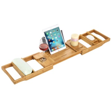 100% Natural Bamboo Bathtub Caddy Bath Tub Tray with Extending Sides Rack for Wine Books iPad Phone Free Soap Holder Bath Bridge