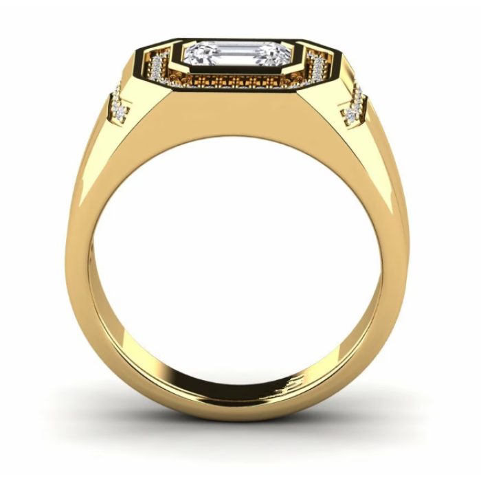 Vista del hombro de un anillo de sello de diamantes de laboratorio personalizado para hombre con detalles en piedra curvada